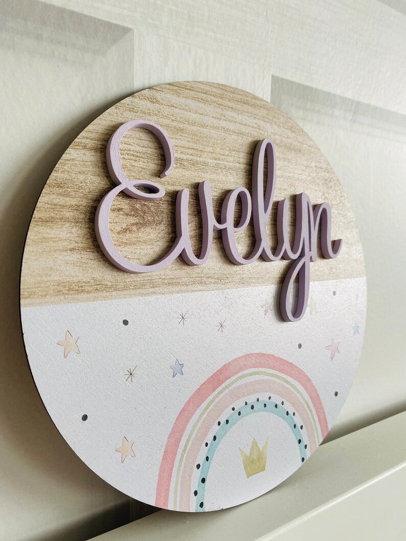 Personalised circle boho pink rainbow bedroom name sign door plaque wall hanging, girls nursery bedroom rainbow theme nursery image 6