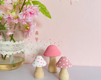 Set of 3 mini mushroom toadstools girls bedroom decor fairy decor pink shelf decor girls accessories pink rose blush white  mushrooms