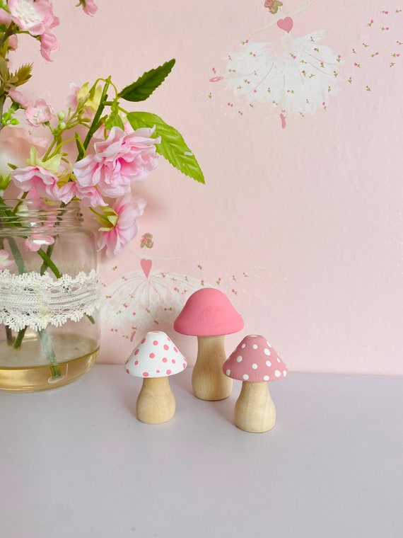 Set of 3 Mini Mushroom Toadstools Girls Bedroom Decor Fairy Decor Pink  Shelf Decor Girls Accessories Pink Rose Blush White Mushrooms 