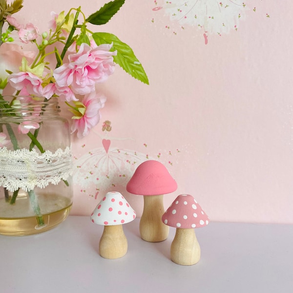 Set of 3 mini mushroom toadstools girls bedroom decor fairy decor pink shelf decor girls accessories pink rose blush white  mushrooms