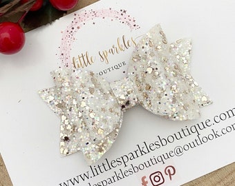 Cream glitter bow, gold hair bow, cream  hair bow, girls glitter bow, baby hair bow,