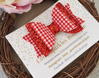 School bow, red gingham bow, red glitter bow, gingham bow, baby bow, girls hair accessories