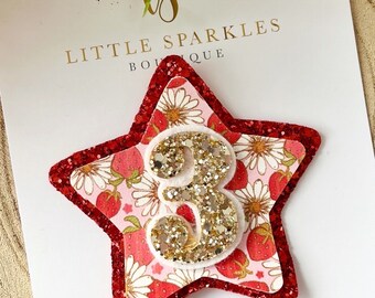 Strawberry Birthday Badge: Glitter Number, Cake Smash Prop