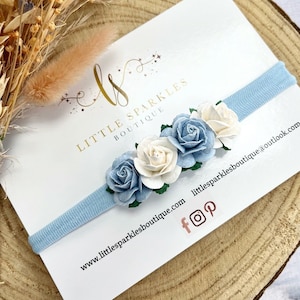 Mulberry Paper Flower Headband: Blue Baby Christening Band