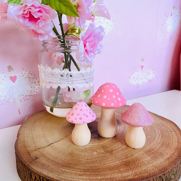 Set of 3 mini mushroom toadstools girls bedroom decor fairy decor pink shelf decor girls accessories pink bedroom