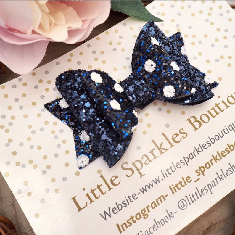 Navy Glitter Bow Navy Hair Bow Spotty Bow White Hair Bow Etsy