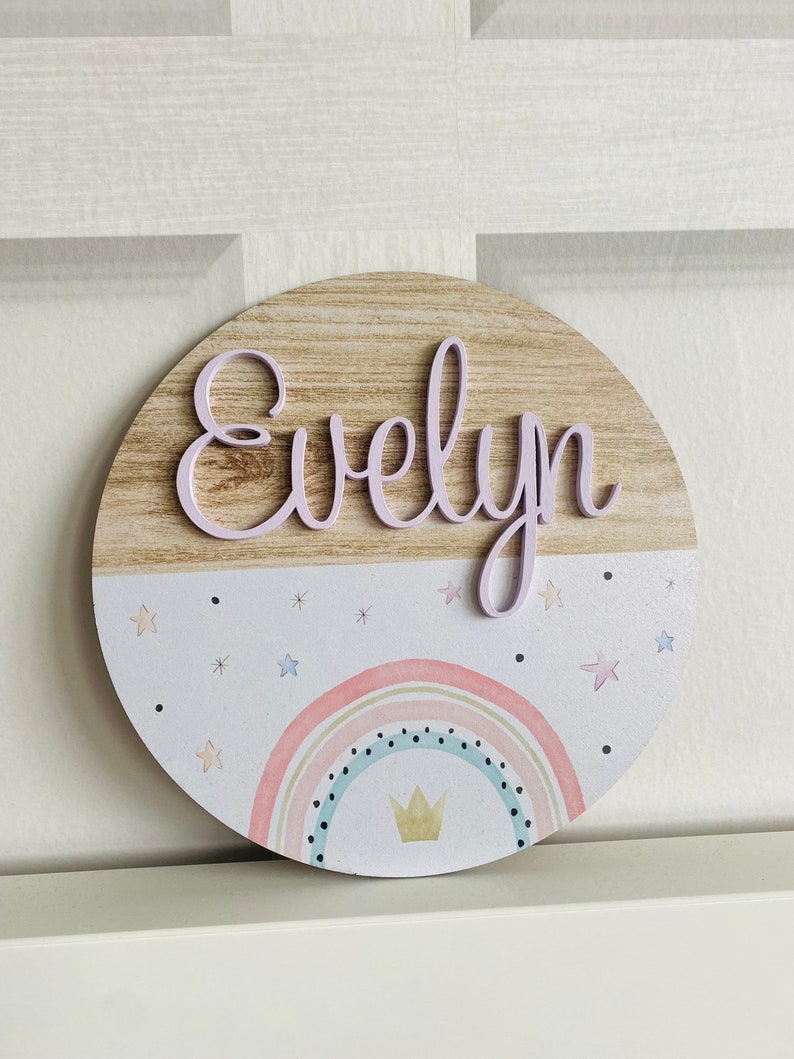 Personalised circle boho pink rainbow bedroom name sign door plaque wall hanging, girls nursery bedroom rainbow theme nursery image 5