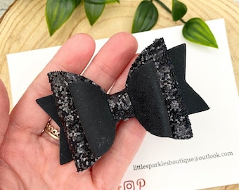 Schwarze Haarschleife, schwarze Glitzerschleife, Mädchen schwarze Schleife, Mädchen-Haarschmuck, Kuchen zerschlagen wahrscheinlich