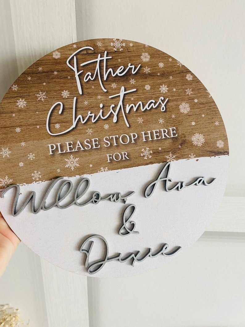 Father Christmas Santa please stop here personalised family children name plaque sign door sign hanging Christmas Xmas Eve image 3