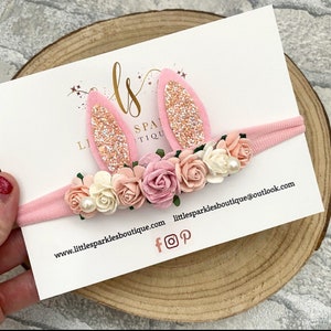 Bunny ears headband, baby headband, flower headband, pink hair bow, photo shoot prop, easter headband,