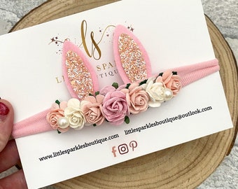 Bunny ears headband, baby headband, flower headband, pink hair bow, photo shoot prop, easter headband,