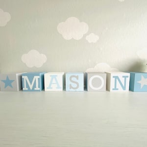 Personalised blue white wooden name letter baby blocks cubes stacking boy nursery decor bedroom accessories baby shower gift newborn custom