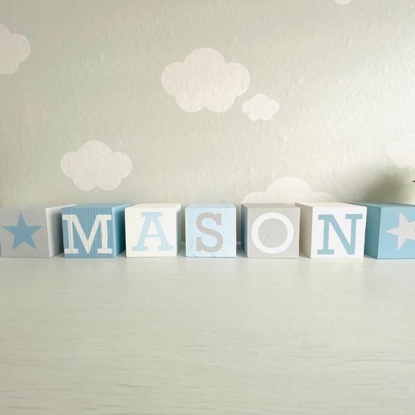 Personalizado azul blanco nombre de madera letra bebé bloques cubos apilamiento niño vivero decoración dormitorio accesorios baby shower regalo recién nacido personalizado