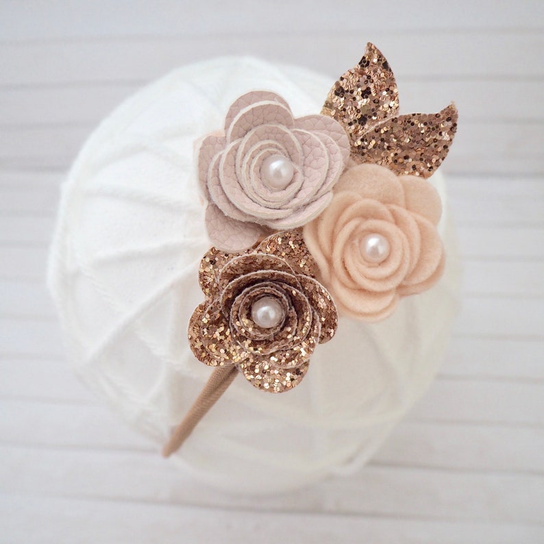 Flower headband, rose cluster, rose gold bow, baby/girl headband, wedding hair, hair accessories, cake smash prop image 3