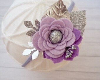 Purple flower headband, lilac flower bloom, silver hair bow, baby headband, girls hair accessories, wedding hair, cake smash prop