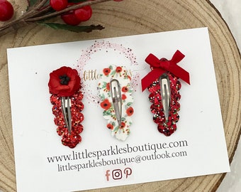 Poppy clip, Glitter clip, red glitter clip, sparkly glitter clip, girls fringe clip, snap clip set, flower clip, fringe clip, baby clip