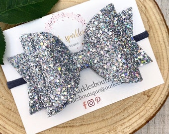 Silver glitter bow, silver bow, baby bow, girls hair accessories, spring bow, photo shoot prop, girls glitter bow, glitter bow