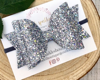 Silver Glitter Bow: Holographic Baby Headband