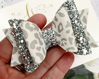 Animal print bow, silver glitter bow, leopard print hair bow, girls hair bow, baby bow,