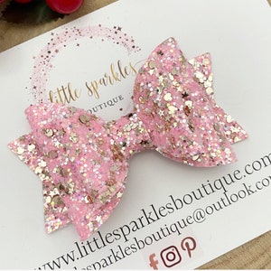 Handmade Pink Glitter Hair Bow: Gold Stars & Hearts