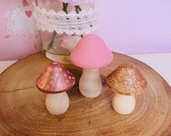 Set of 3 mini mushroom toadstools girls bedroom decor fairy decor pink shelf decor girls accessories pink rose gold glitter mushrooms