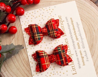 Tartan piggies, red hair bow, gold glitter bow, Christmas bow, piggie set, christmas hair bow,