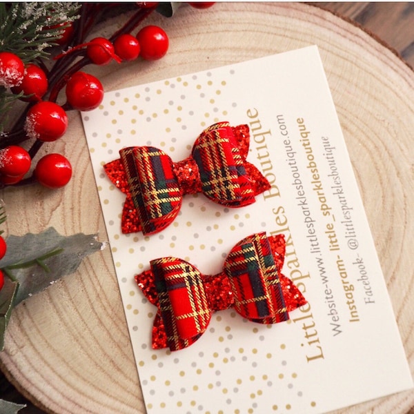 Tartan piggies, red hair bow, gold glitter bow, Christmas bow, piggie set, christmas hair bow,