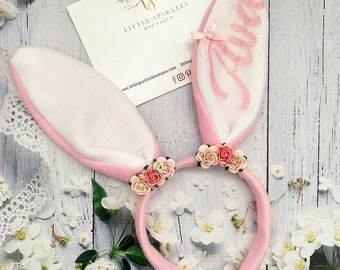 Hasenohren Stirnband, Hasenohren personalisiert, Blumen Stirnband, rosa Haarschleife, Fotoshooting Requisite, Ostern Stirnband,