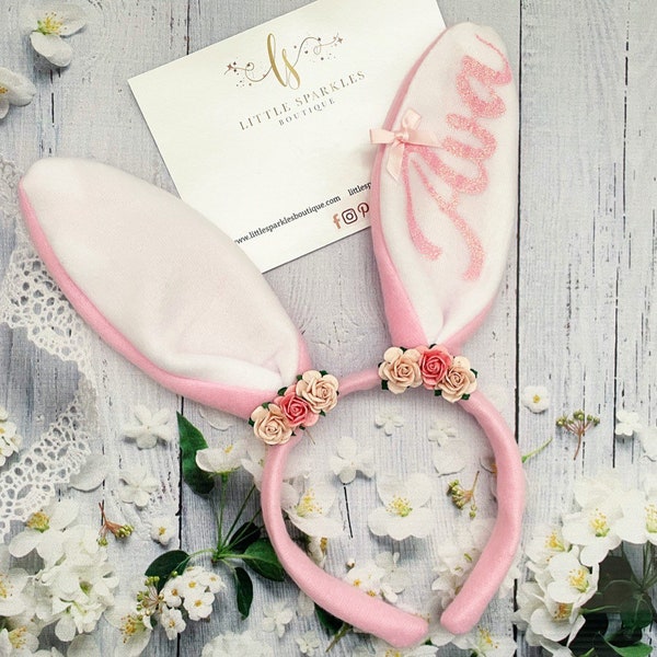 Bunny ears headband, personalised bunny ears, flower headband, pink hair bow, photo shoot prop, easter headband,