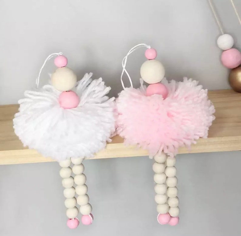 Ready to post pink white Pom Pom hanging sitting wooden ballerina fairy doll beads doll bedroom decor girls bedroom accessories shelf decor 