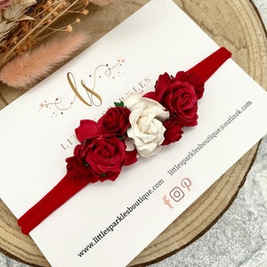 Red Mulberry Paper Flower Headband: Baby Christening, Wedding Hair