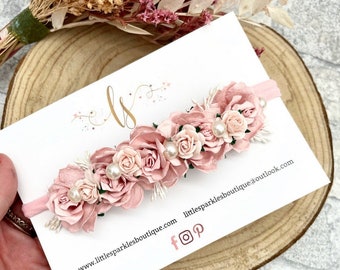 Pink Flower Headband, dusky pink flower headband, bay headband, wedding flower headband