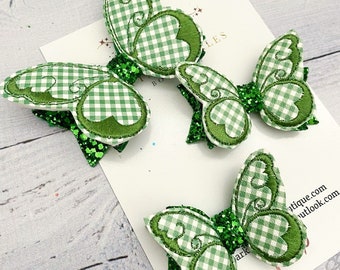 Butterfly hair bow, School bow, green gingham bow, green glitter bow, gingham bow, baby bow, girls hair accessories