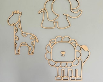 Wooden animal wall decor decal nursery bedroom boys room accessories animal safari theme, lion giraffe elephant, wall hanging decals