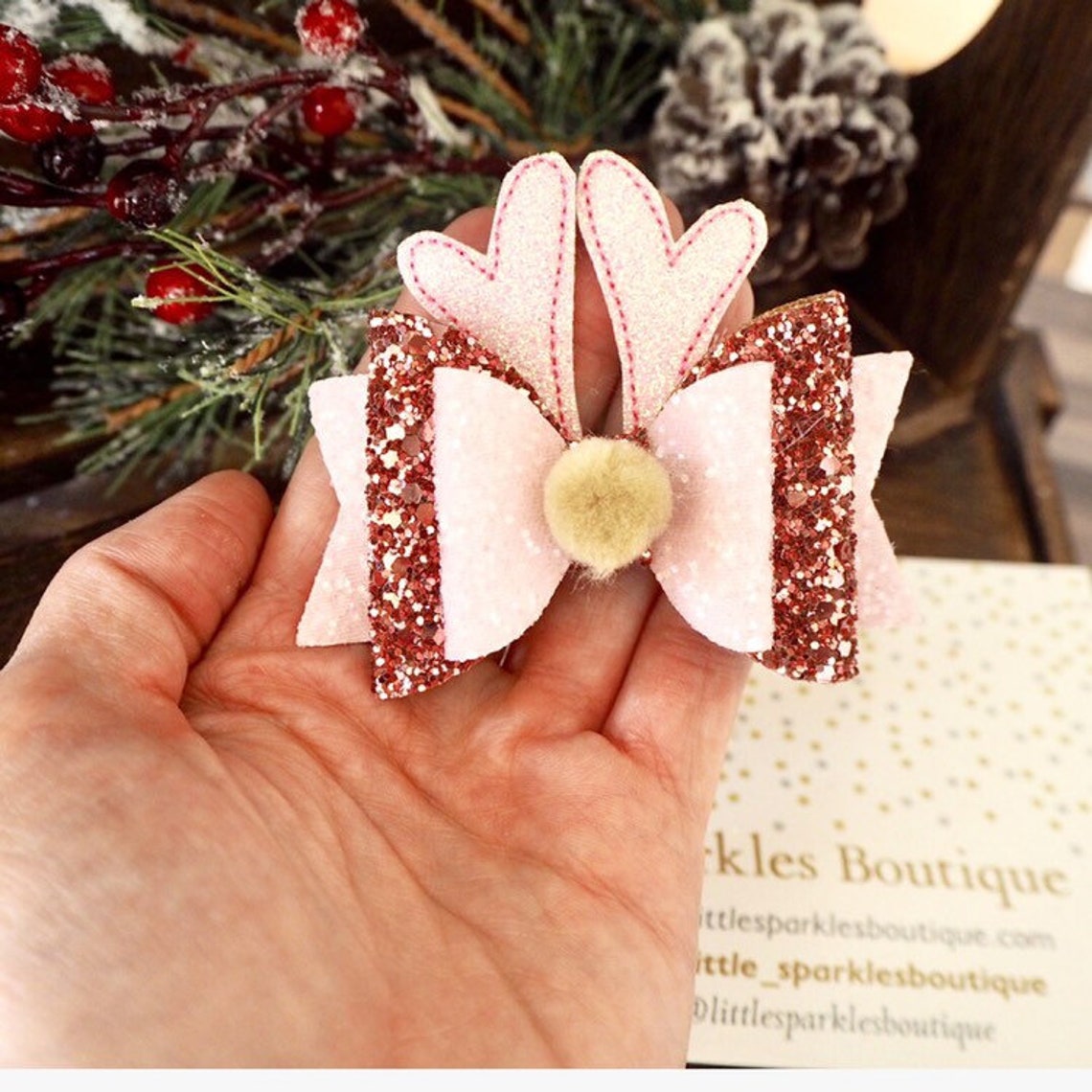 Pink Hair Bow Rose Gold Glitter Bow Rose Gold Bow Rudolf Etsy