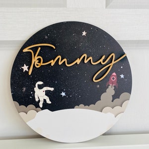 Personalised circle space theme bedroom name plaque sign door wall hanging boys bedroom nursery theme nursery astronaut solar system