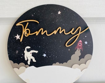 Personalised circle space theme bedroom name plaque sign door wall hanging boys bedroom nursery theme nursery astronaut solar system
