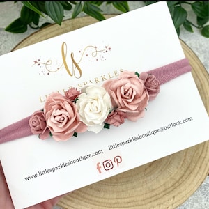 Diadema de flores de papel de morera: banda de bautizo para bebé en rosa oscuro