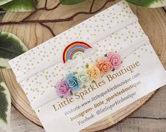 Regenbogen Baby Haarband: Maulbeerpapier Blumen, weiches Nylon