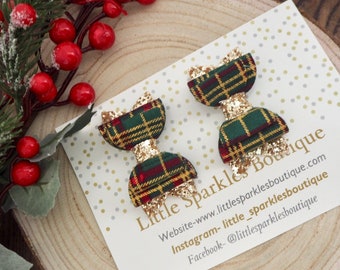 Green tartan bow, gold hair bow, christmas bow, tartan piggies, tartan hair bow, baby hair bow, piggie set,