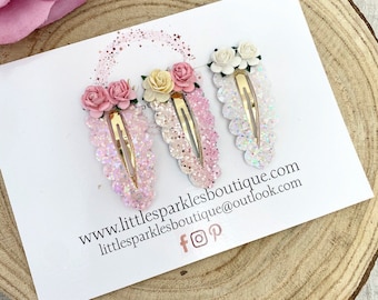 Flower clip, white glitter clip, pink glitter clip, girls fringe clip, snap clip set, rainbow clip