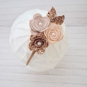 Flower headband, rose cluster, rose gold bow, baby/girl headband, wedding hair, hair accessories, cake smash prop image 2