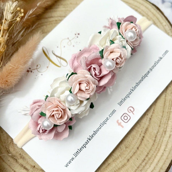 Pink flower headband, pink flower headband headband, cream flower headband, baby bow, pink hair bow, girls hair accessories, wedding hair,