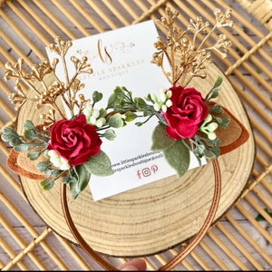 Christmas Reindeer Headband: Red Flower, Glitter Fabric Photo Prop
