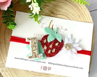 Strawberry 1st Birthday Headband: Glitter Fabric Hair Bow