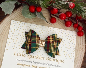 Green tartan bow, green hair bow, gold hair bow, christmas hair bow, baby hairband, girls hair bow, festive bow