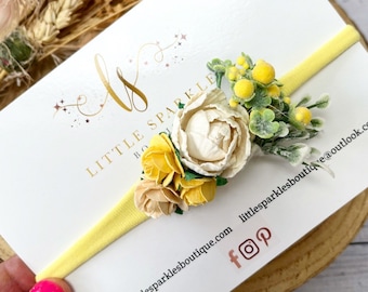 Flower headband, lemon headband, baby headband, yellow flower headband, photo shoot prop, wedding hair, christening band