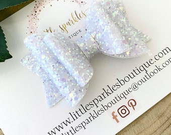 White Iridescent Glitter Hair Bow, Shimmering Baby Bow