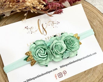 Großes Blumen Stirnband, Mint Blumen Stirnband, grünes Blumen Stirnband, Blumen Stirnband, Baby Schleife, Mädchen Haarschmuck