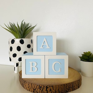 Set of 3 ABC wooden building stacking blocks decor boys nursery bedroom decor accessories shelfie ornament blue white nordic scandi wood